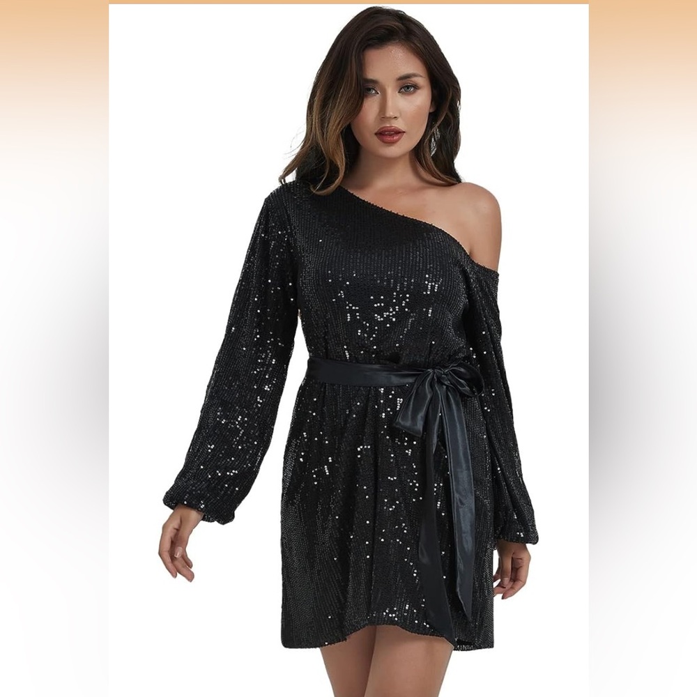 Glamorous One-Shoulder Black Sequin Dress